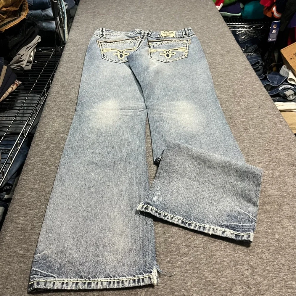 Rock Revival Justin Relaxed Straight Jeans Mens 33x35 Light Wash Distressed Y2K